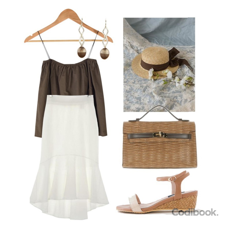 UPTOWN HOLIC 까미엘 sk (*4color),BANHARU romantic ribbon boater hat,BANHARU shirring detail strap sleeveless등을 매치한 코디