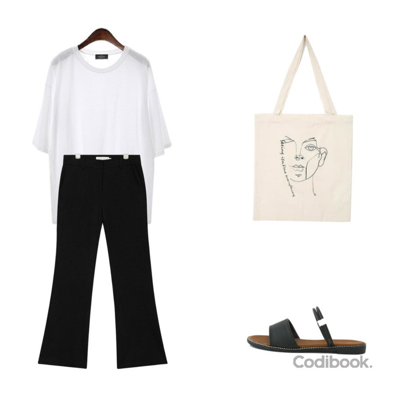 AIN unique drawing eco bag,AIN freedom boots cut slacks (s, m),ROCOSIX overfit summer round tee등을 매치한 코디