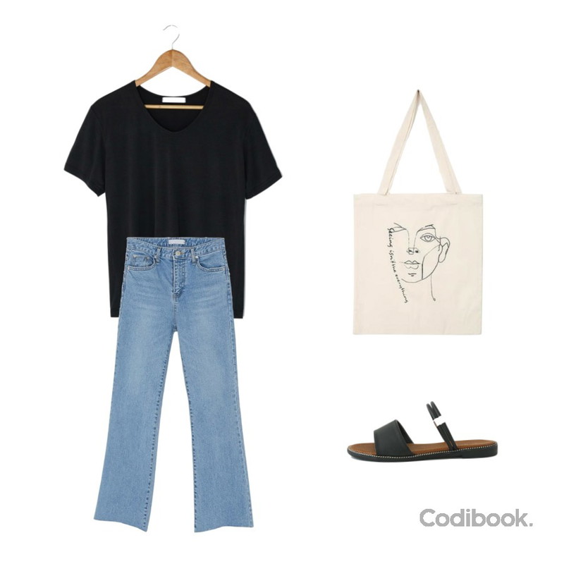 AIN unique drawing eco bag,BANHARU maxi boots cut cutting denim pants,BANHARU 1/2 days top #514등을 매치한 코디