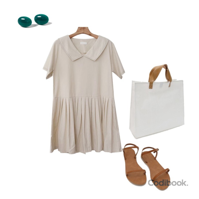 daily monday Simple double strap sandals,daily monday Simple handy poly bag,Zemma World Roland-세라원피스(린넨30%)[size:44~66 / 2color]등을 매치한 코디