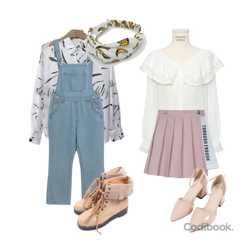 daily monday Banana pattern hair band,TODAY ME 로제 멜빵 팬츠,Zemma World Matisse-드로잉셔츠등을 매치한 코디