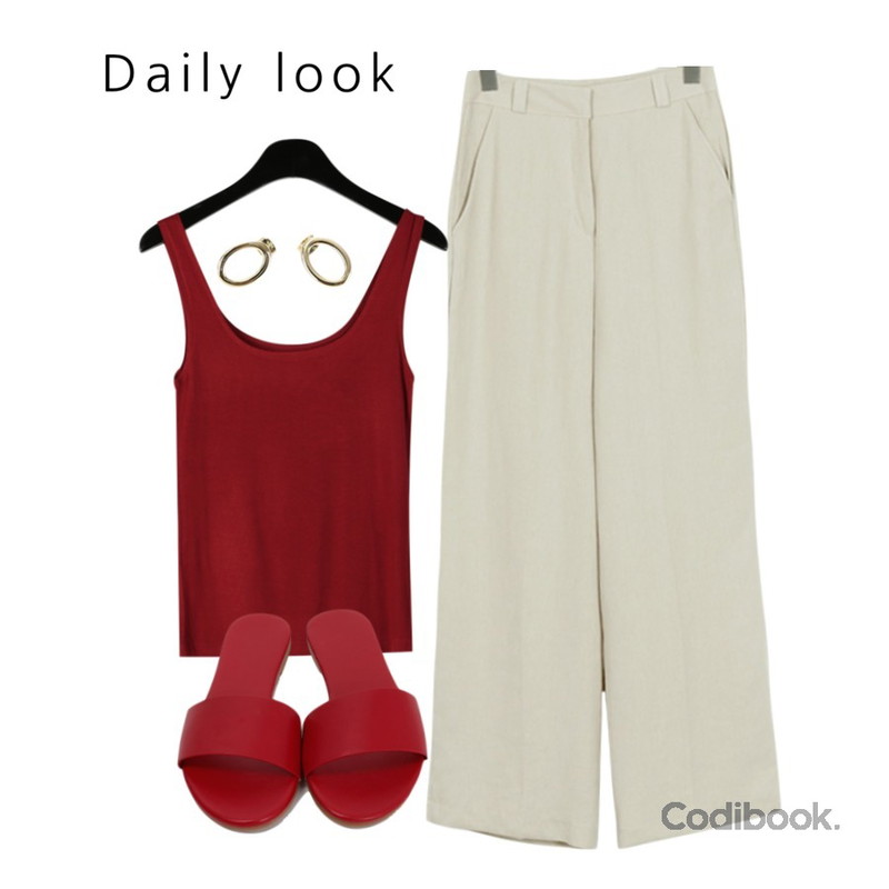 From Beginning Tone basic slide_M (size : 230,235,240,245,250),From Beginning Lumiere ramie pants_B (size : S,M),daily monday Simple round slim sleeveless등을 매치한 코디