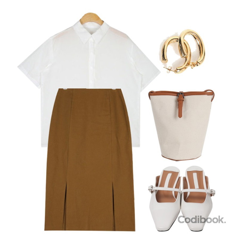AIN oval hole earring,AIN so basic half shirts,AIN basil side slit skirt (s, m)등을 매치한 코디