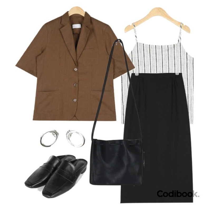 AIN story stripe linen sleeveless,AIN alo chic long skirt,AIN basic half linen jacket등을 매치한 코디