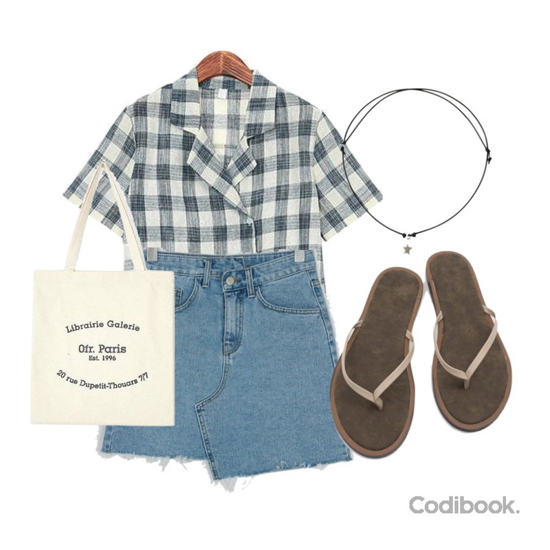 BANHARU unique unbalance denim skirt,AIN paris lettering eco bag,ROCOSIX 리드 더블 체크 셔츠등을 매치한 코디
