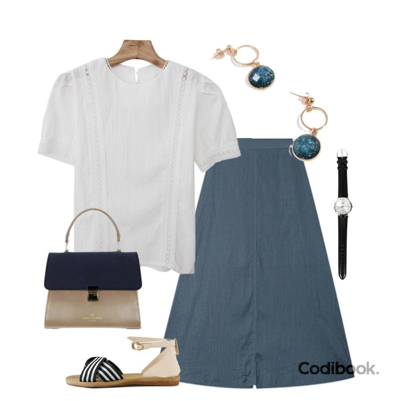 LOVELY SHOES 윌렌 스트랩 샌들 2cm,Zemma World Arable-레이스블라우스[size:44~66/ 2color],AIN jane linen long skirt등을 매치한 코디
