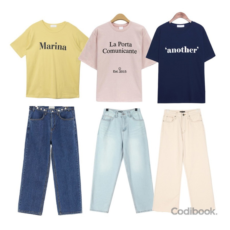 daily monday Basic silhouette denim pants,MIXXMIX Marina Lettering Top,ROCOSIX 원데이 데님 팬츠등을 매치한 코디