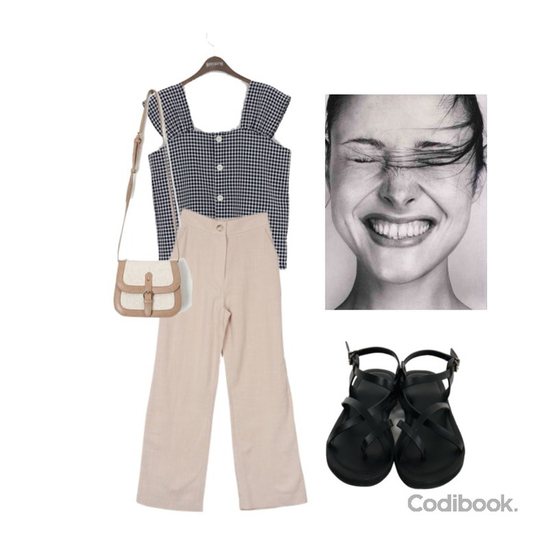 From Beginning zigzag casual sandal_H (size : 225,230,235,240,245,250),binary01 체크 레미 스퀘어블라우스,MESMIN 클로 린넨 pt (2color)등을 매치한 코디