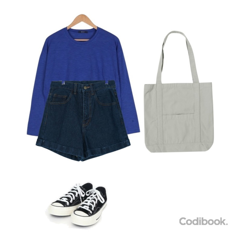 GIRLS RULE 베이직 롤업 숏 데님 (pt1463),BULLANG GIRL 크롭슬리브긴팔T,From Beginning Simple pocket cotton bag_K (size : one) 등을 매치한 코디