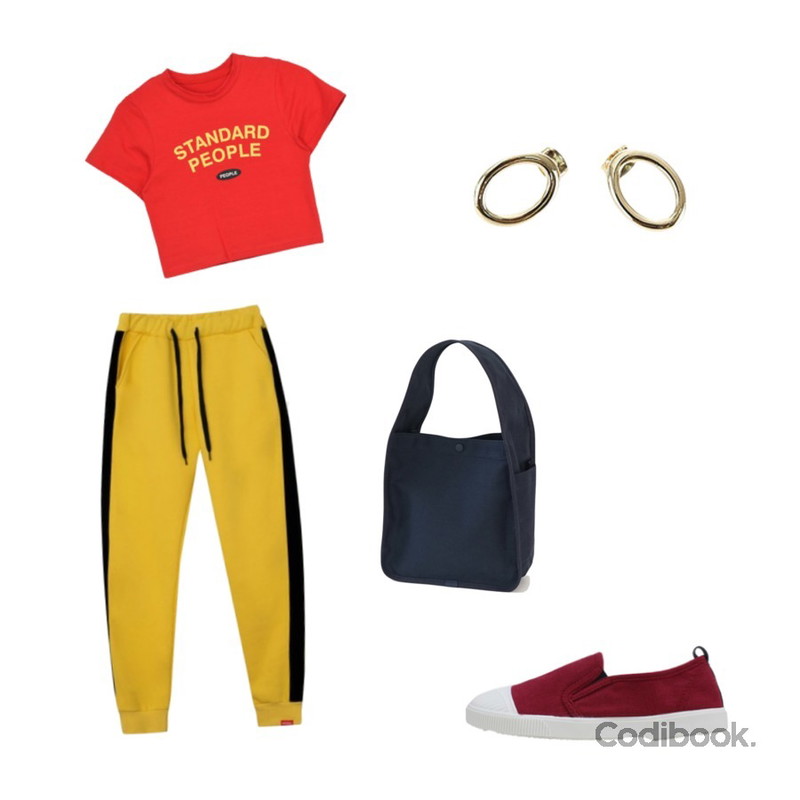 LOVELY SHOES 루지나 슬립온 1.5cm,MIXXMIX Heart Velvet Sweat Pants,MIXXMIX 피플 크롭 탑등을 매치한 코디
