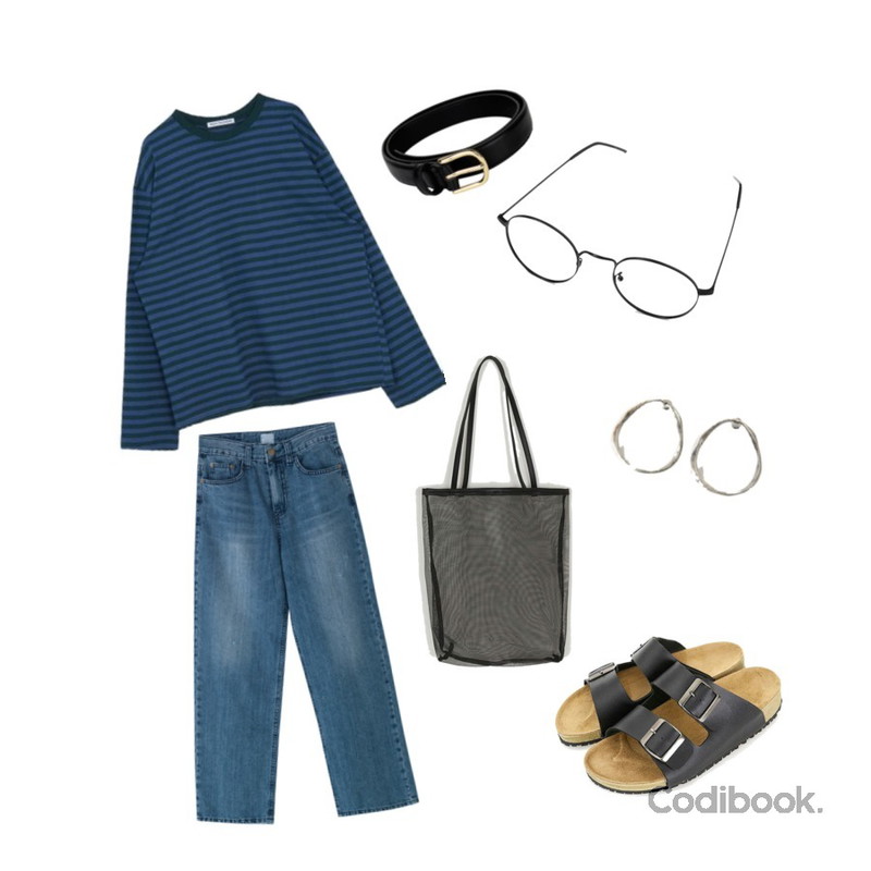 MIXXMIX 서울시리즈 6종 1+1,openthedoor gold simple belt (3 color),BANHARU vintage washing high-waist pants등을 매치한 코디