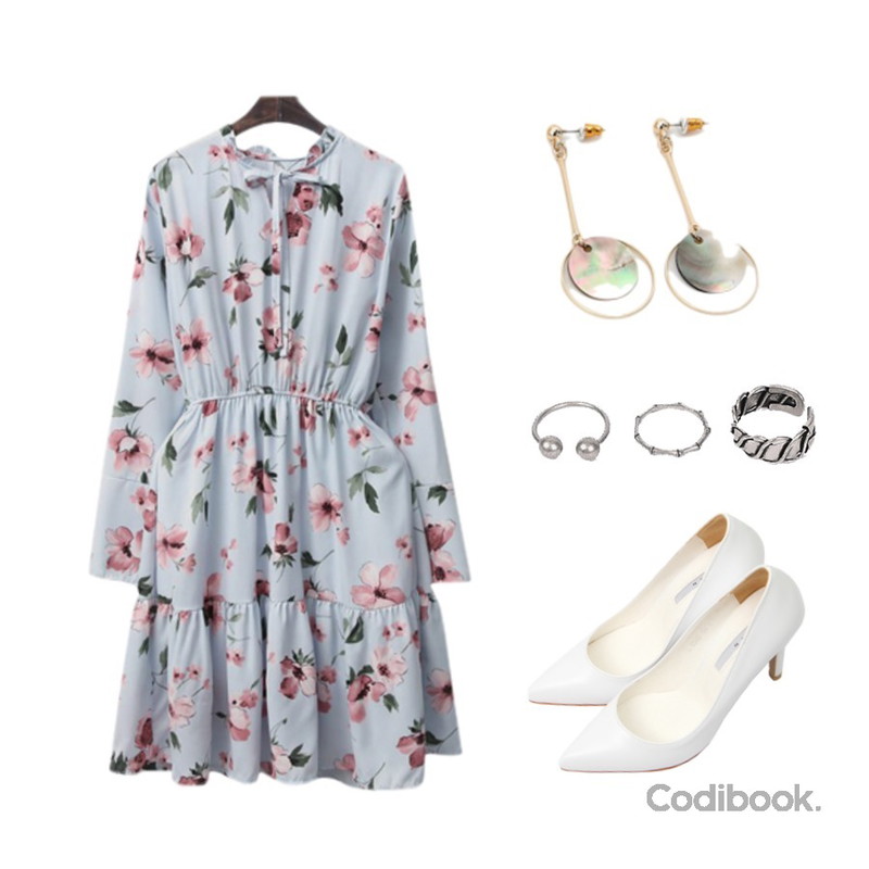 Dailyco 지미스틸레토힐10cm,LINDA GIRLS 로즈마리 플라워 원피스,daily monday Vintage mood earring set등을 매치한 코디