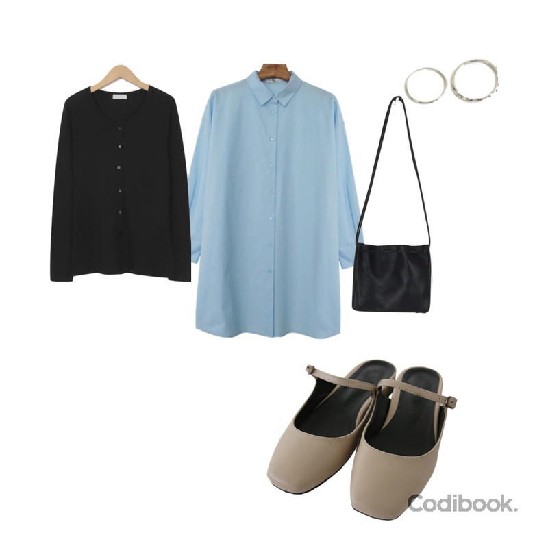 From Beginning Anna basic cardigan T_S (size : free),SUNSHINE WITH ME 스터드링-set,Zemma World [무배 EVENT]자체제작/ Museum-셔츠원피스 (스카이블루)등을 매치한 코디