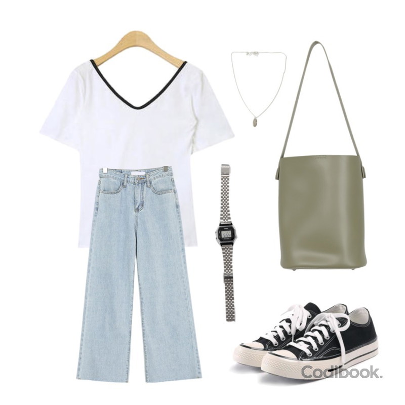 ROCOSIX simple coton sneakers,AIN more soft color T,ROCOSIX 필링 일자 데님 팬츠등을 매치한 코디