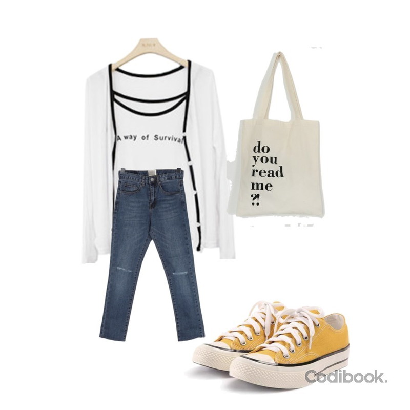ROCOSIX simple coton sneakers,BULLANG GIRL 콤비일자컷팅P,BLINGIT 레터링가디건나시세트등을 매치한 코디