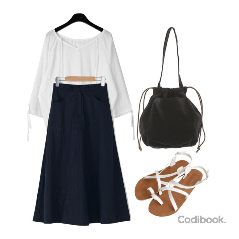 BANHARU light A-line long skirt,Zemma World [피팅슈즈]Delly-샌들_240(아이보리),daily monday Ladyish string blouse등을 매치한 코디