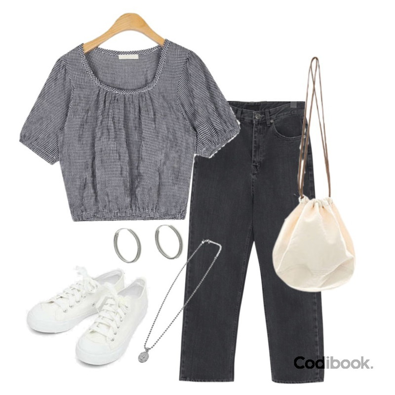 openthedoor coin spherical necklace (2 color),AIN cherish square check blouse,From Beginning Rex charcoal boy denim_S (size : S,M,L)등을 매치한 코디