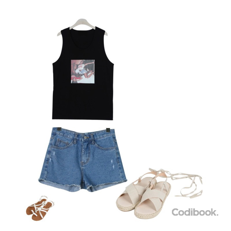 daily monday Wearable cutting short pants,GIRLS RULE [남여공용] 파티 걸즈 나시 (t5145),Zemma World [피팅슈즈]Delly-샌들_240(아이보리)등을 매치한 코디