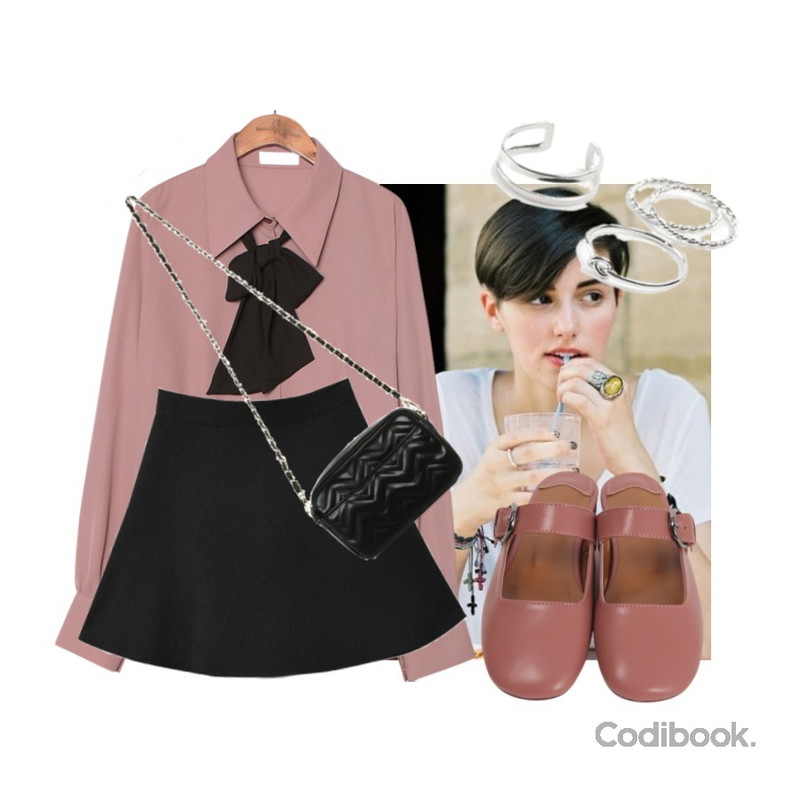 -,MIXXMIX 바비 플레어 스커트,common unique [TOP] ALICE RIBBON TIE CHIFFON BLOUSE등을 매치한 코디