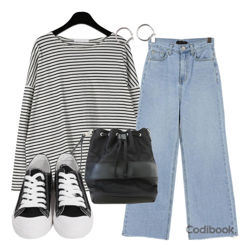 Zemma World Twill color (bag),ROCOSIX 아피 데님 팬츠,daily monday Clear stripe pattern sleeve tee등을 매치한 코디