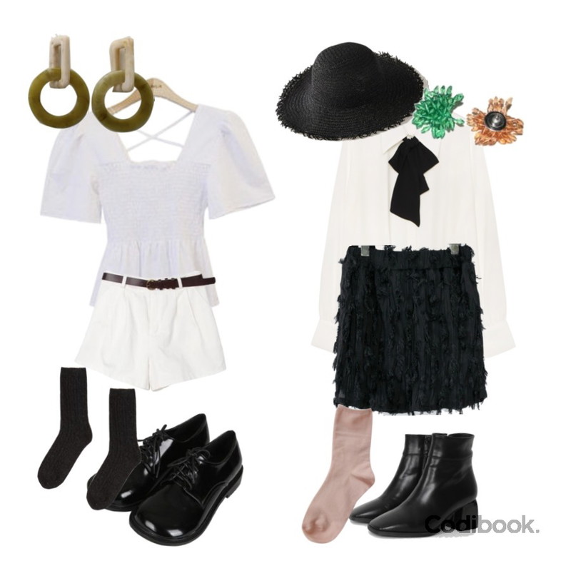 VICTORIA GARCONNE 마렌 벨트숏팬츠,BLINGIT 크로스스모크블라우스,common unique [TOP] ALICE RIBBON TIE CHIFFON BLOUSE등을 매치한 코디