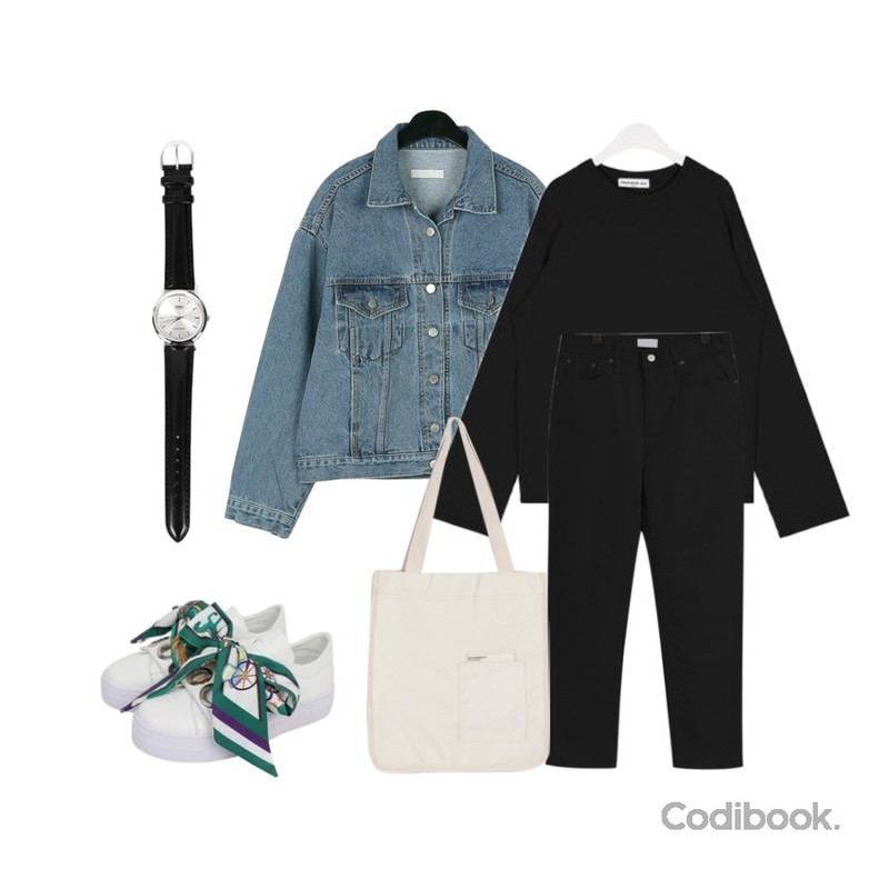 daily monday Charming over denim jacket,TODAY ME 티움 팬츠,AIN FRESH A soft cotton T등을 매치한 코디