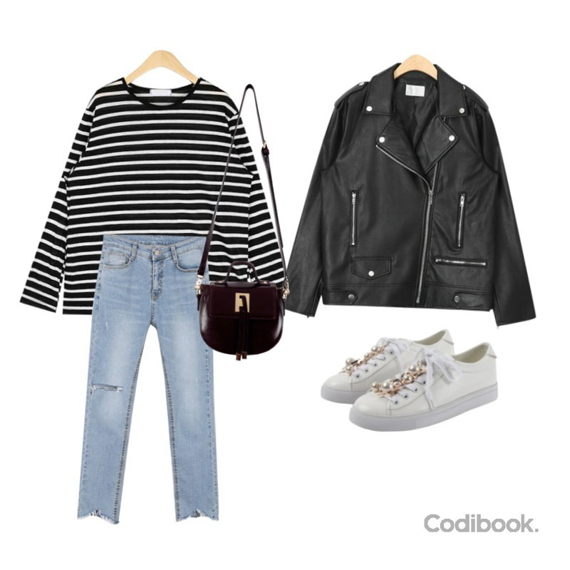 AIN boxy fit unique rider jacket,MOREDAY 데미지 슬림 데님 팬츠,AIN rolly linen stripe T등을 매치한 코디