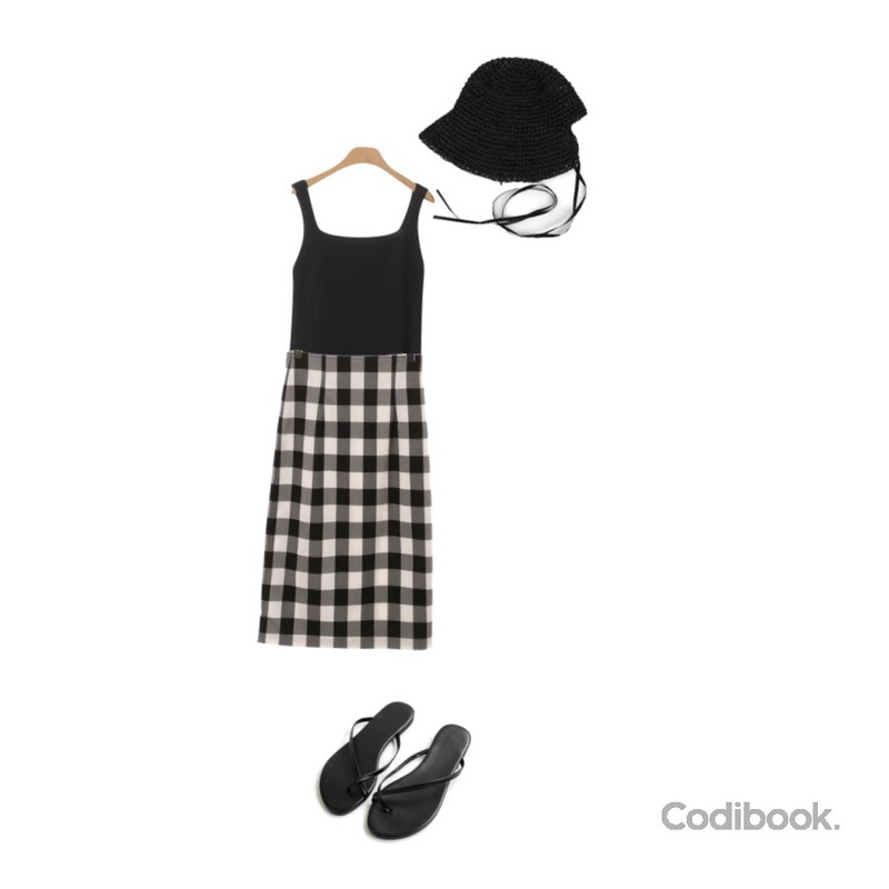 ROCOSIX back slit check midi skirt,ROCOSIX 에코 페미닌 버킷 햇,OBBANG STYLE 로그미 스퀘어넥 나시등을 매치한 코디
