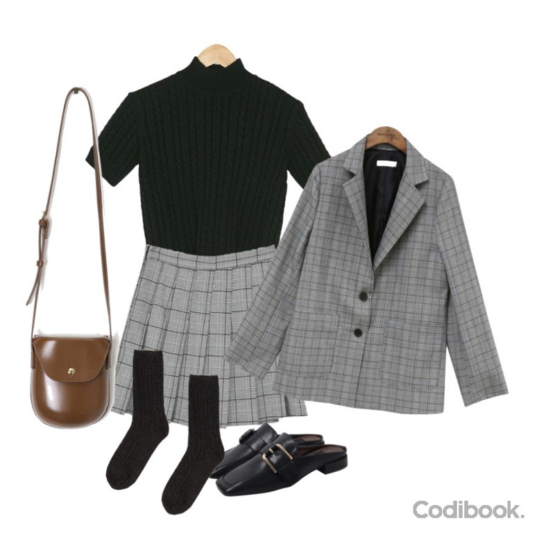 common unique [OUTER] VELY CHECK SET STANDARD JACKET,BANHARU half sleeve twist knit,MIXXMIX 글랜 체크 테니스 스커트팬츠등을 매치한 코디