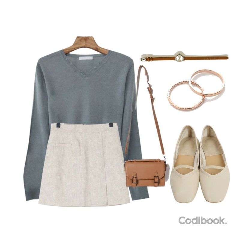 OBBANG STYLE 클래식무드 크로스 사첼백,daily monday Slit linen mini skirt,Zemma World Choko-브이넥니트등을 매치한 코디
