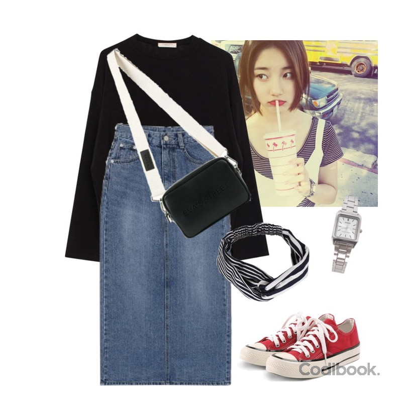 -,biznshoe Denim long skirt (2color),biznshoe Tension color tee (6colors)등을 매치한 코디
