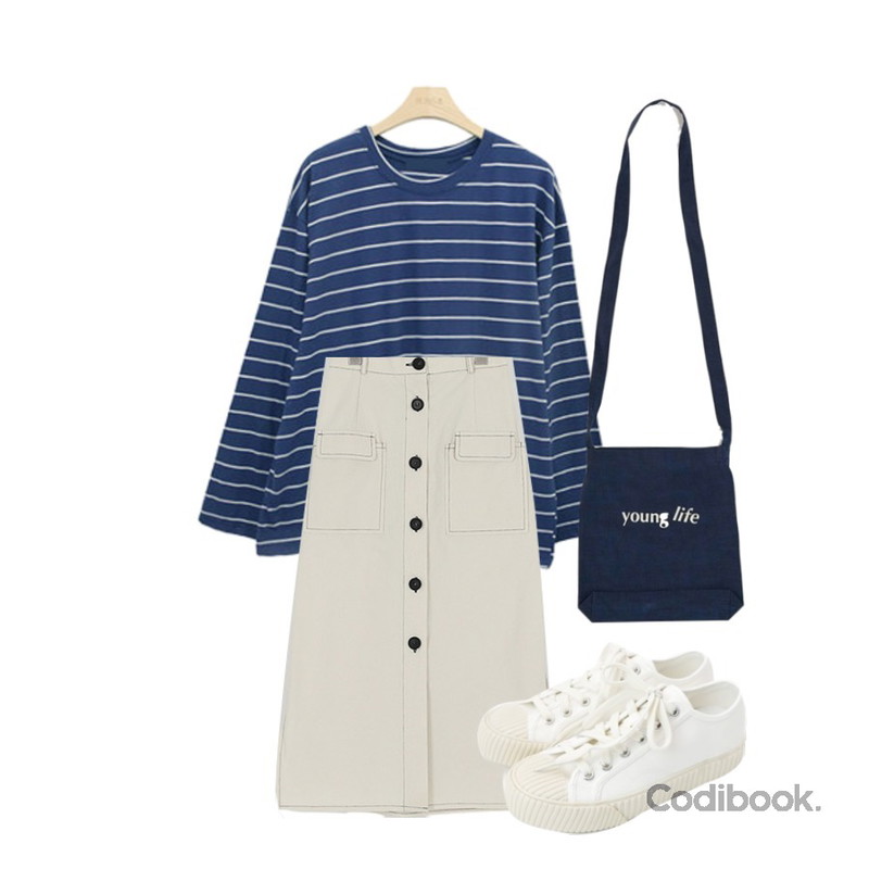 daily monday Simple every day sneakers,BLINGIT 루즈단가라티셔츠,somedayif cargo pocket long skirt (3colors)등을 매치한 코디