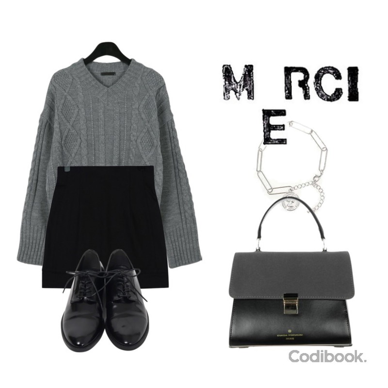 daily monday V-neck acrylic knit,ROCOSIX 그루 클립 팔찌,GIRLS RULE 로하 하이웨스트 스커트 (sk1327)등을 매치한 코디
