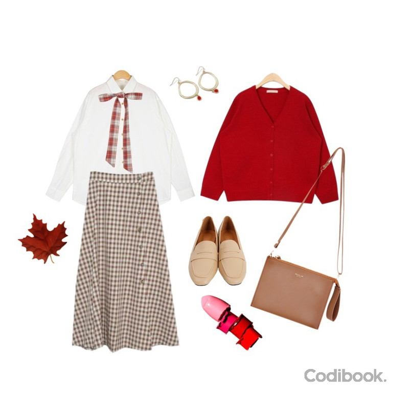 AIN remember wool cardigan,MIXXMIX Heart Check Ribbon Tie,AIN standard fit daily shirts등을 매치한 코디