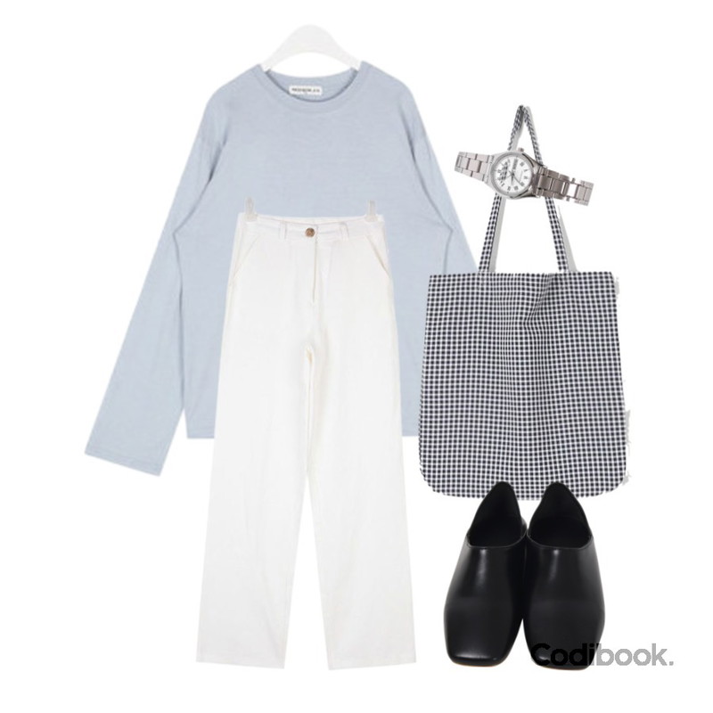 daily monday Daily check eco bag,AIN french shape long pants (s, m),AIN FRESH A soft cotton T등을 매치한 코디
