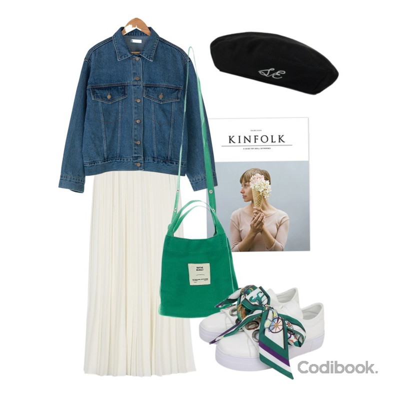 kinfolk,daily monday Purity pleats skirt,BANHARU loose fit vintage denim jacket등을 매치한 코디