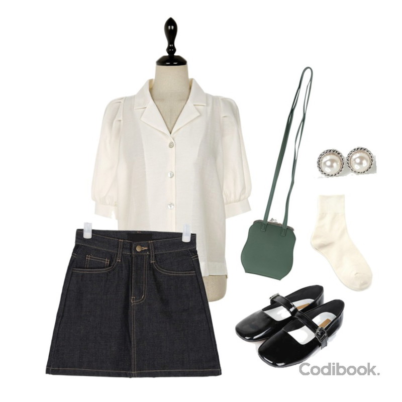 UPTOWN HOLIC 시그널bl (*3color),AIN finish A-line denim skirts (s, m),AIN try enamel flat shoes (230-250)등을 매치한 코디