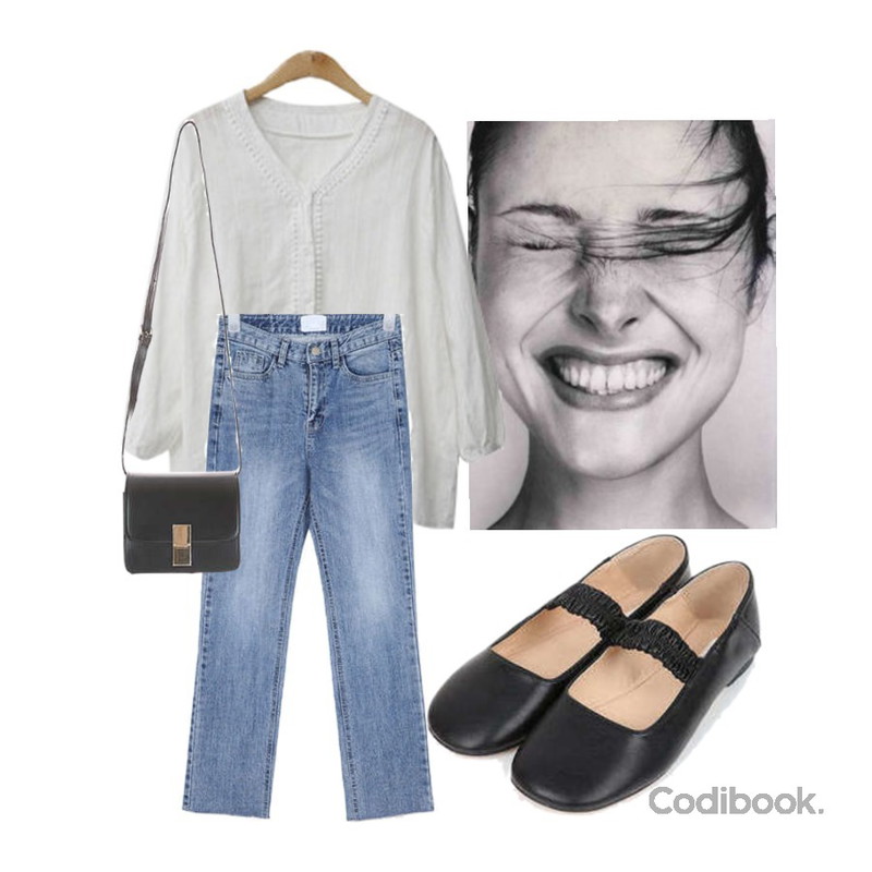 natalie,AIN cross slim fit denim pants (s, m, l),ENVYLOOK 캔들레이스블라우스등을 매치한 코디