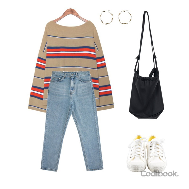 daily monday Basic converse shoes,common unique [TOP] CLEAR STRIPE OFF SHOULDER KNIT,Zemma World Polson-일자데님팬츠등을 매치한 코디