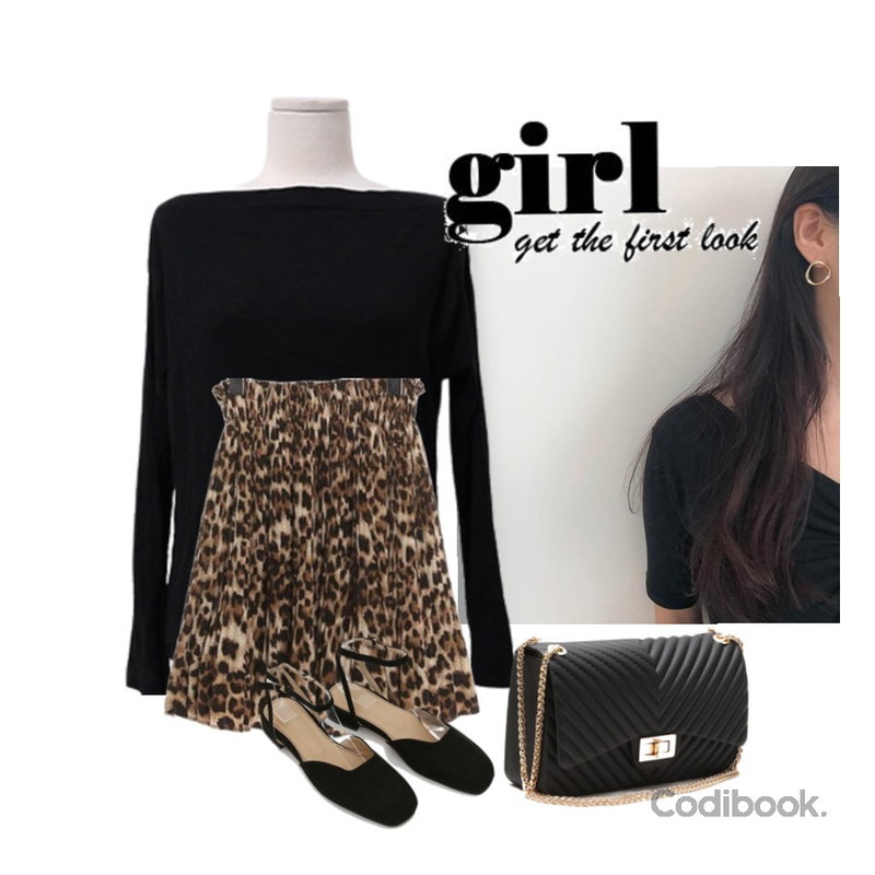 ROCOSIX leopard pleats SK,lavenir found earring,HAEPP 미즈 - 입술넥 오프숄더 티등을 매치한 코디