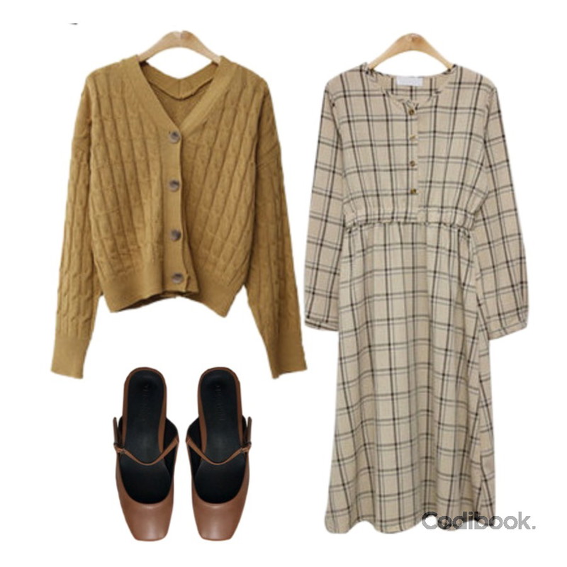 ENVYLOOK [22XX]소녀무드원피스,ENVYLOOK 디렌도블로퍼,ENVYLOOK 홀리꽈베기가디건등을 매치한 코디
