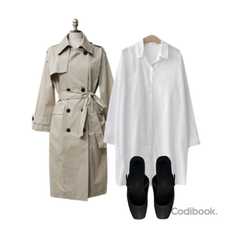 ENVYLOOK 포스롱셔츠원피스,ENVYLOOK 디렌도블로퍼,ENVYLOOK 강추프리미엄트렌치등을 매치한 코디