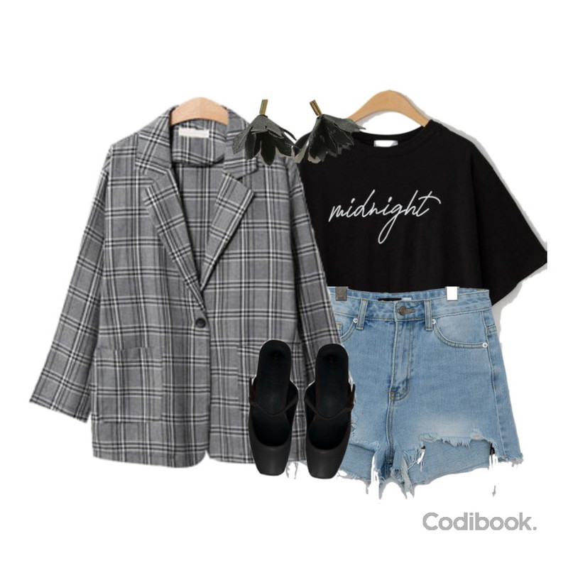 ENVYLOOK 미드나잇티(장바구니1위템♥),ENVYLOOK 리바이블숏데님,ENVYLOOK 모션체크자켓등을 매치한 코디