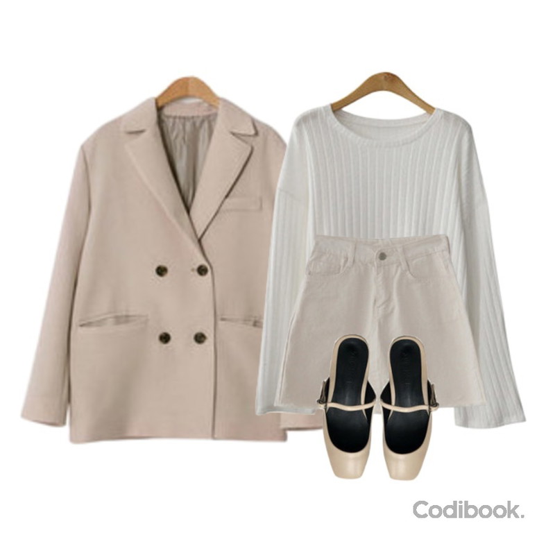 ENVYLOOK [22XX]데일리코튼스커트,ENVYLOOK 볼드골지티셔츠,ENVYLOOK 퍼펙트더블자켓등을 매치한 코디