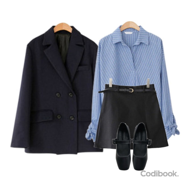 ENVYLOOK 벨트스커트팬츠,ENVYLOOK [22XX]마이네임블라우스,ENVYLOOK 퍼펙트더블자켓등을 매치한 코디