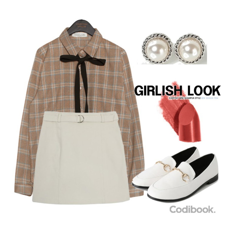 coral lip,AWAB 다프미니스커트,common unique [TOP] MILD CHECK RIBBON TIE BLOUSE등을 매치한 코디