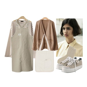 멜빵원피스,가디건,에코백,베이지,깔끔,큐티,심플베이직,엔비룩,ENVYLOOK 코디