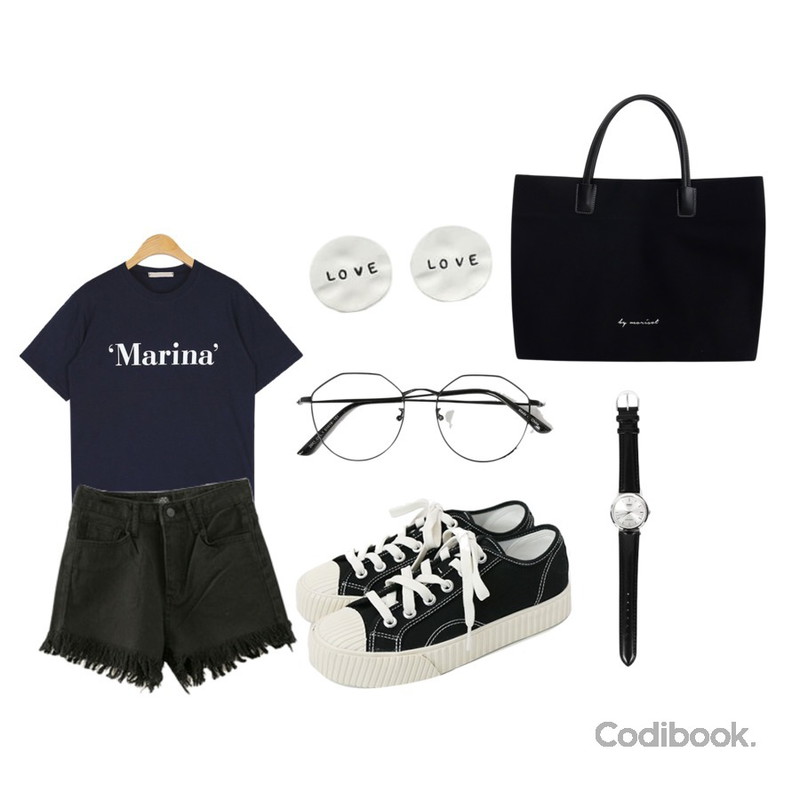 daily monday Simple every day sneakers,ENVYLOOK [22XX]블링프린징쇼츠,AIN marina daily T등을 매치한 코디