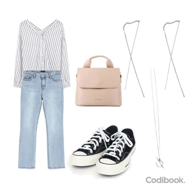 AIN coloring canvas sneakers (225-250),MOREDAY 더블 브이 스트라이프 블라우스 (2color),ROCOSIX 영즈 데님 팬츠등을 매치한 코디