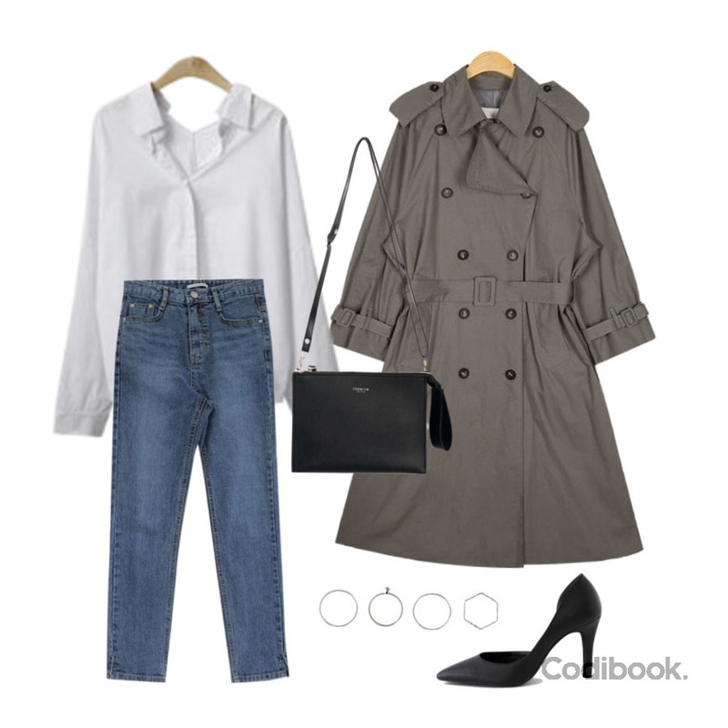 AIN summit trench coat,LOVELY SHOES 티나 스틸레토 힐 9cm,ENVYLOOK 양트임블라우스등을 매치한 코디
